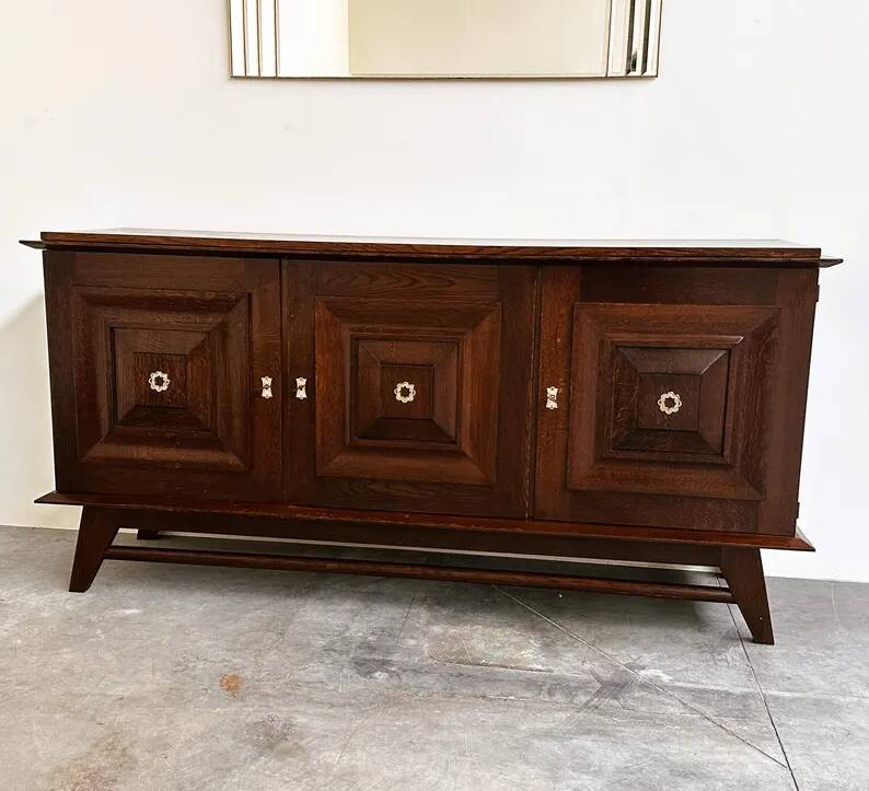 Vintage oak buffet in brutalist style with geometric panel doors, Belgium, 1960s