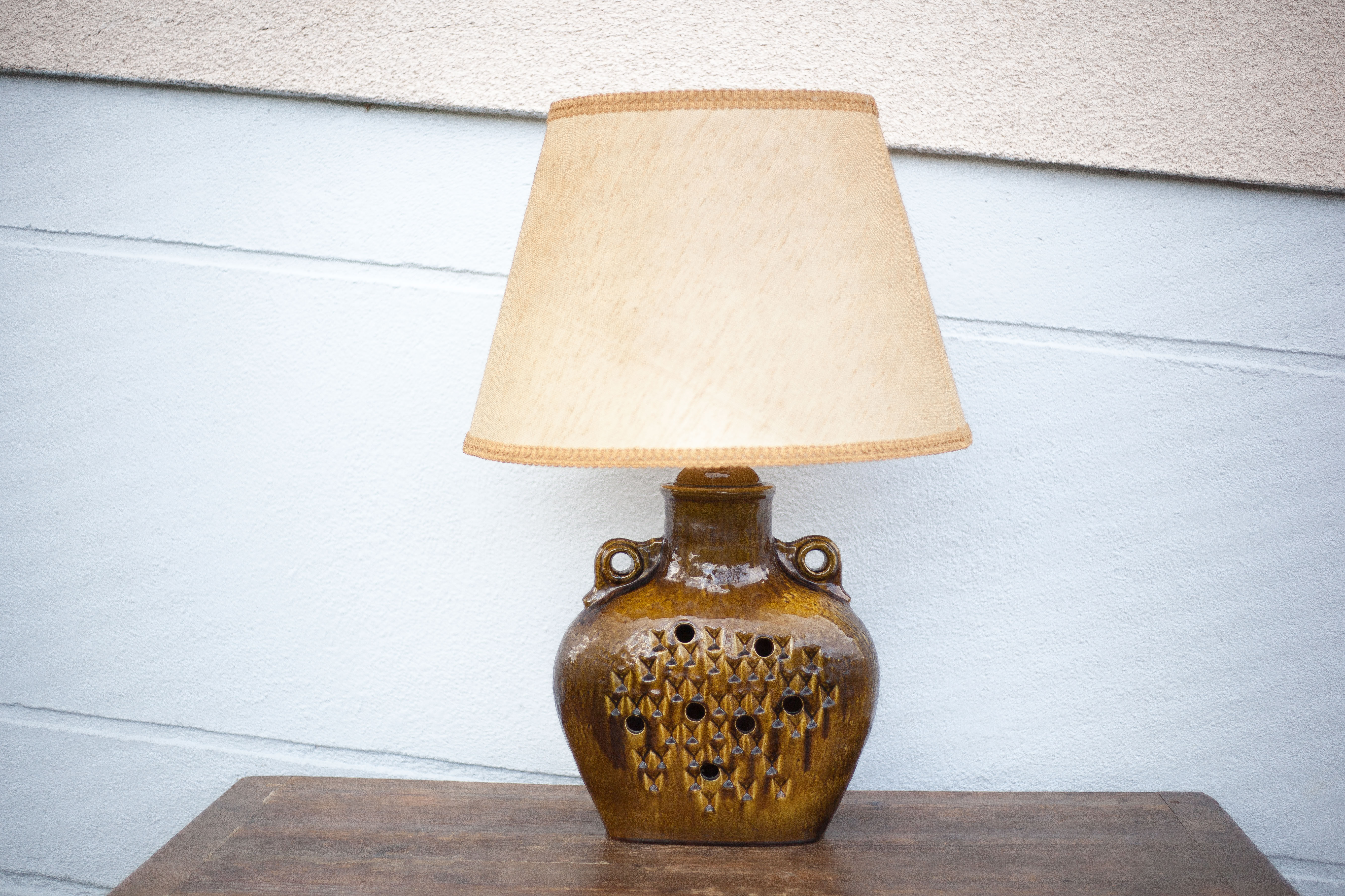 vintage enamelled terracotta lamp, table lamp, lampshade lamp, pottery, home decor, lamp