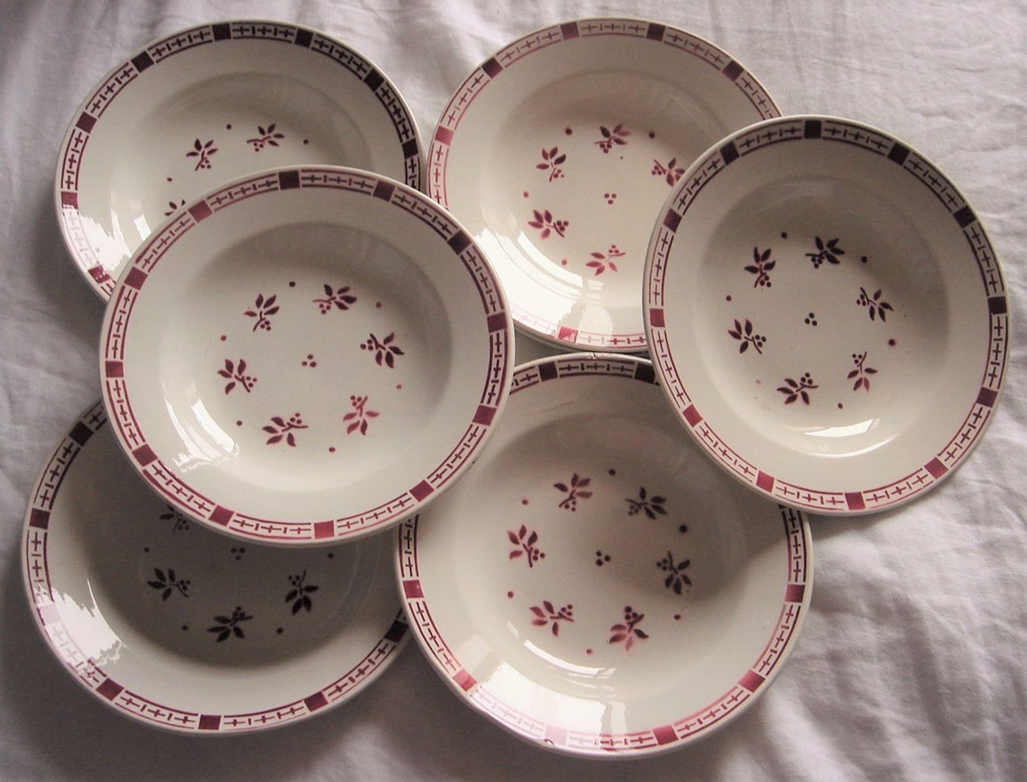 Lot 6 hollow plates Digoin Sarreguemines Dominique Red Flowers Art Deco