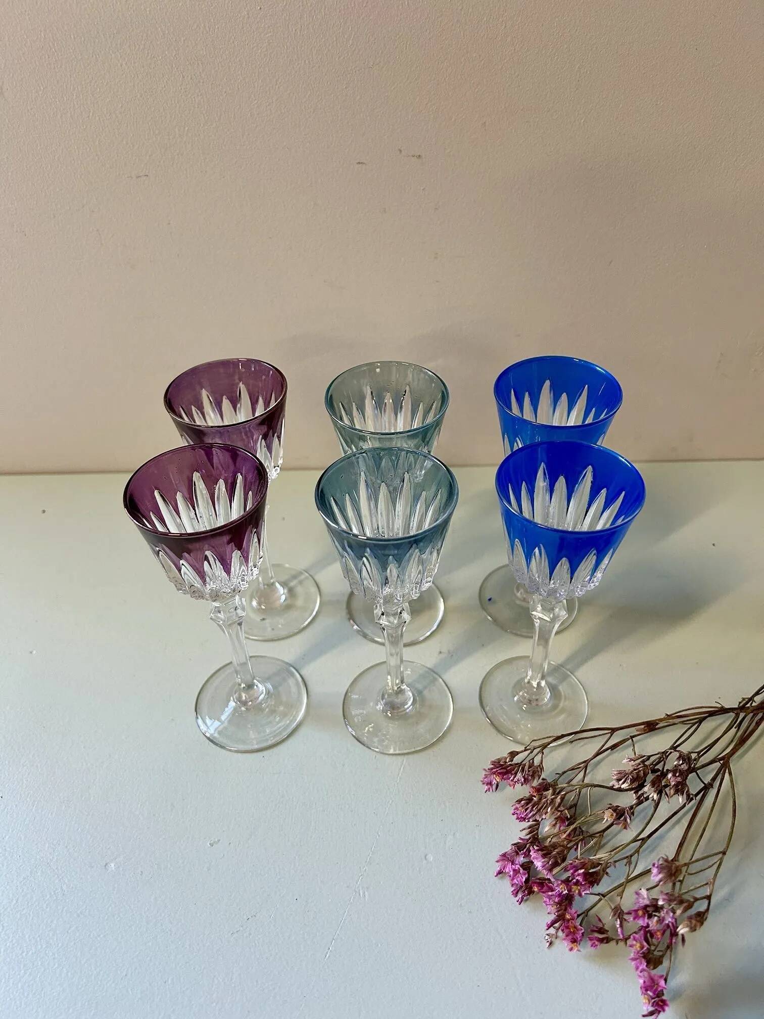 6 antique cut crystal liqueur glasses