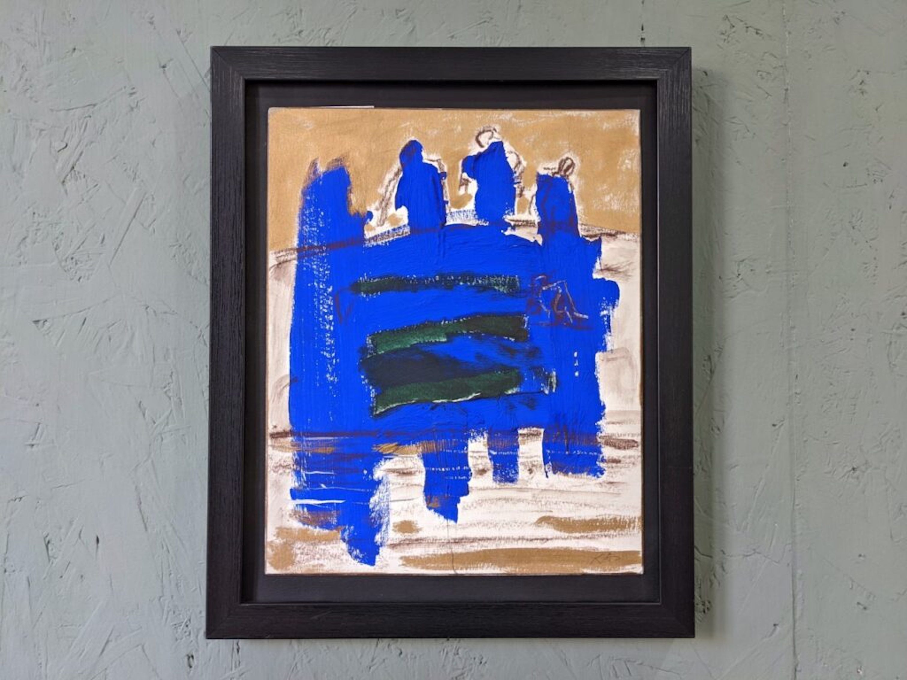 Mid-century modern "abstract in blue" swedish vintage abstract mixed media painting, framed