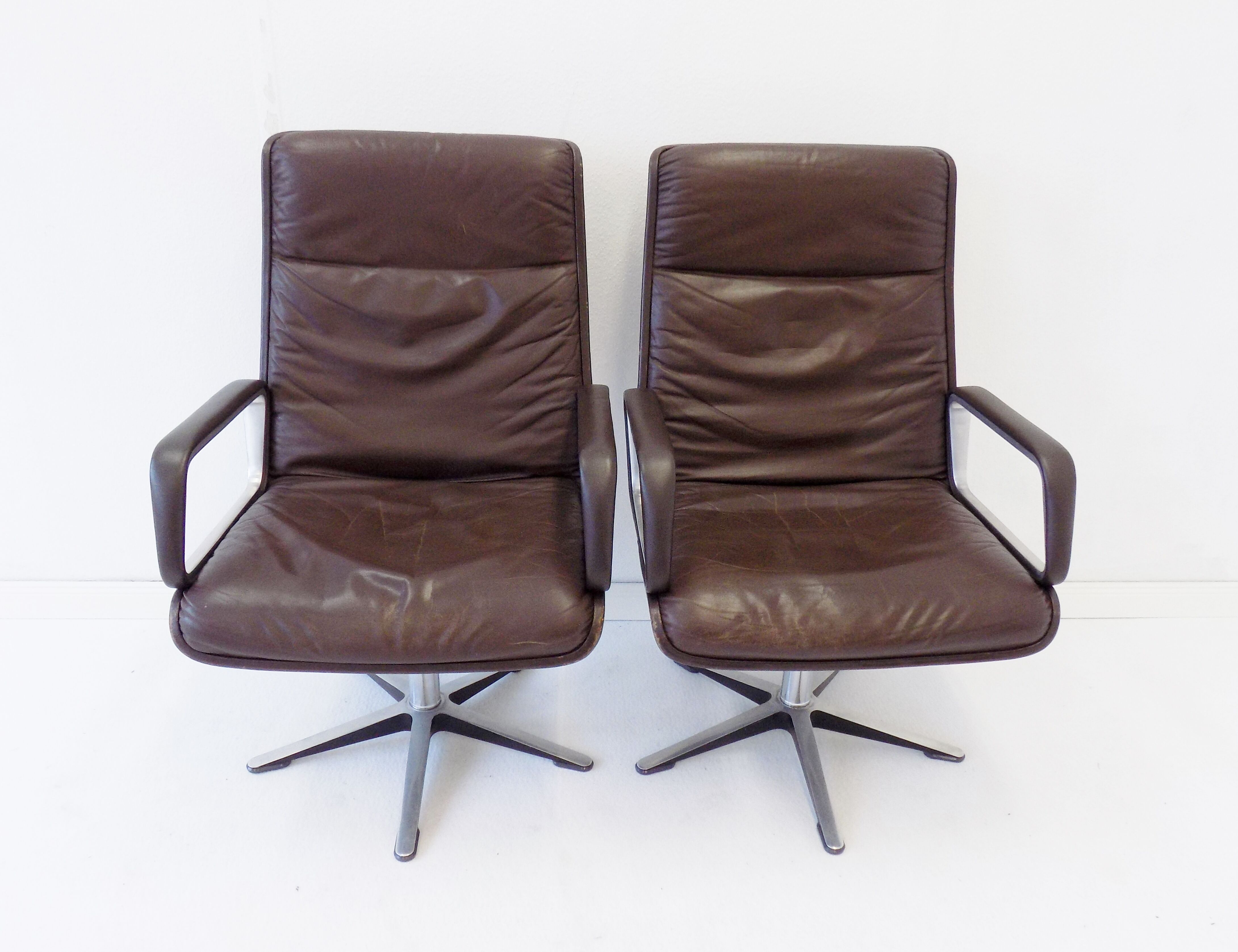 Wilkhahn Delta Highback set of 2 brown leather armchairs by Delta Design