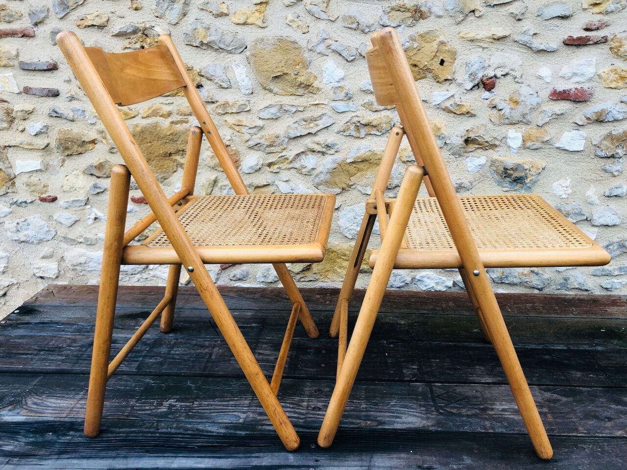 Set of 2 vintage folding chairs, rattan cane for Habitat, circa 70/80