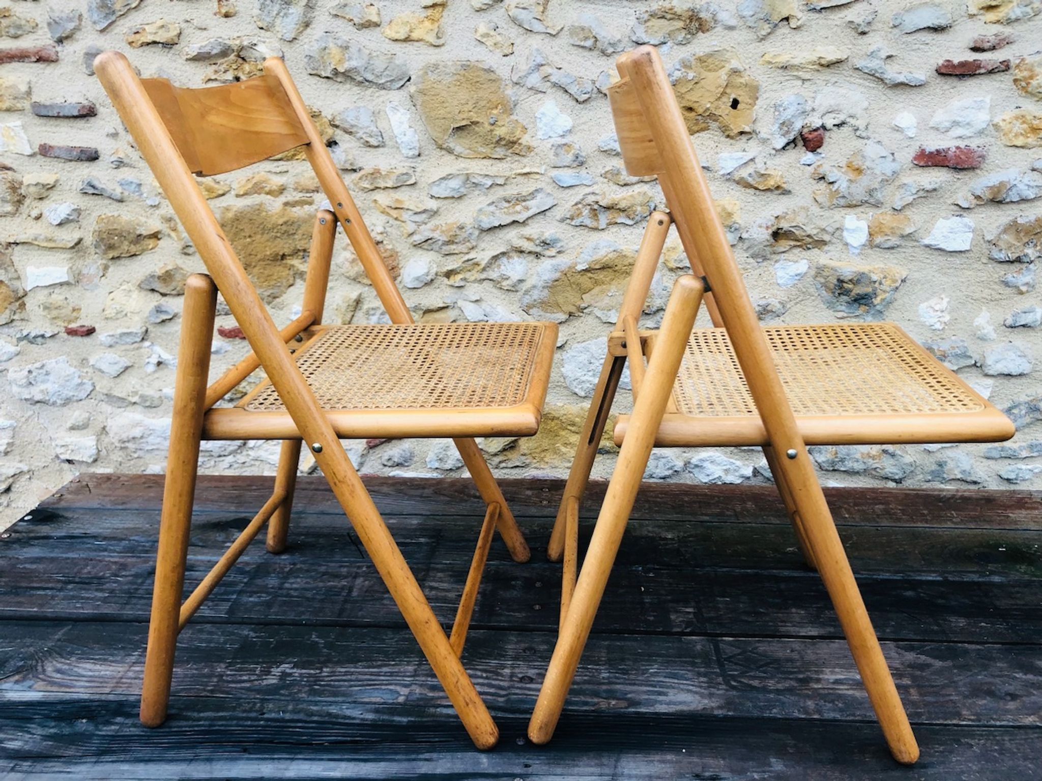Set of 2 vintage folding chairs, rattan cane for Habitat, circa 70/80