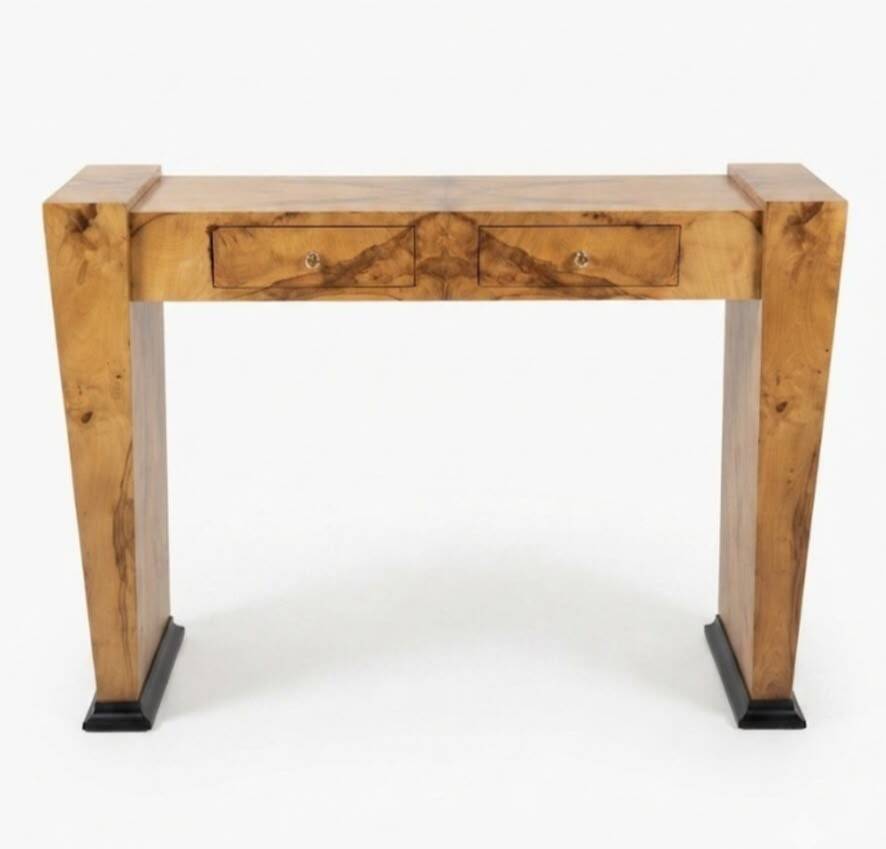 Bureau Art Déco en bois de hêtre et loupe d’orme 2 tiroirs