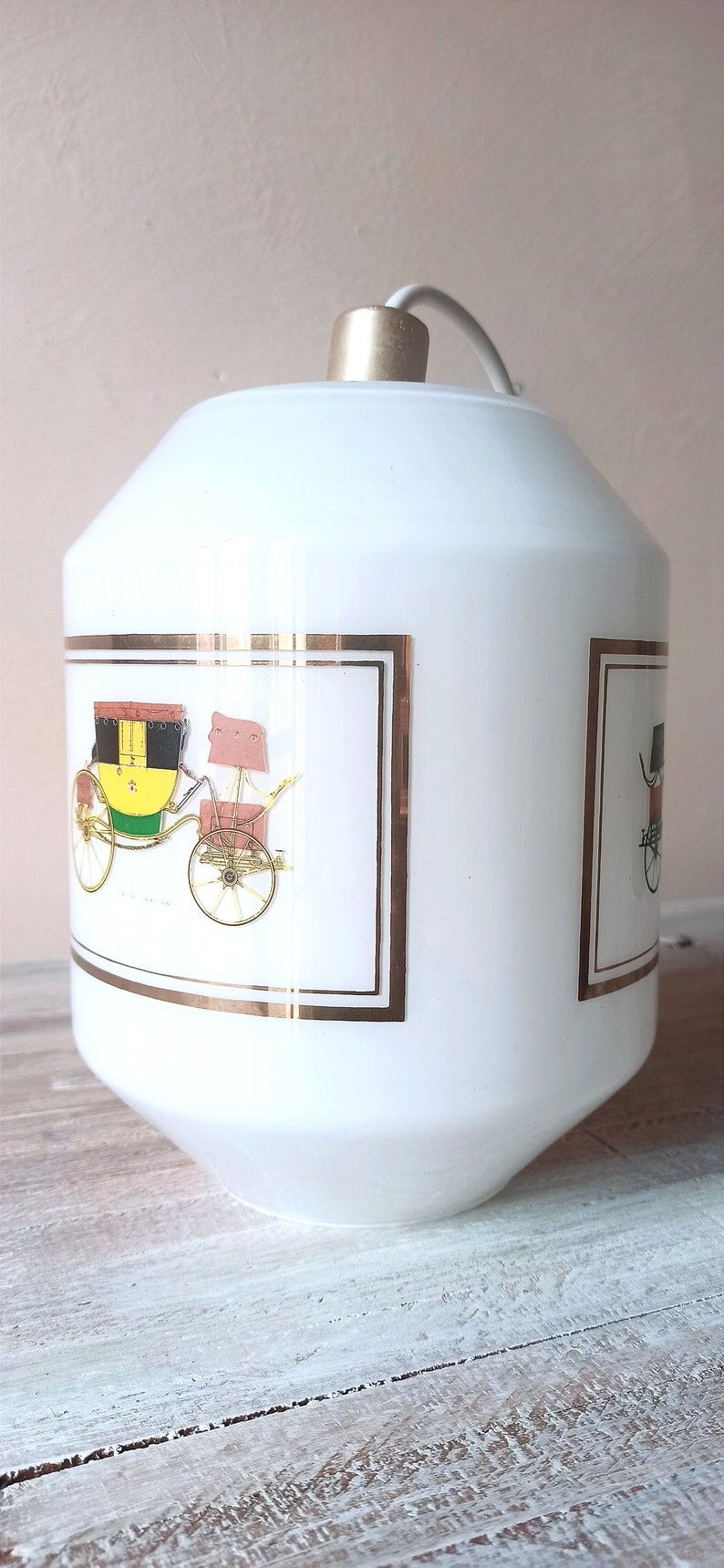 Chandelier luminaire, white opaline with vintage classic car patterns