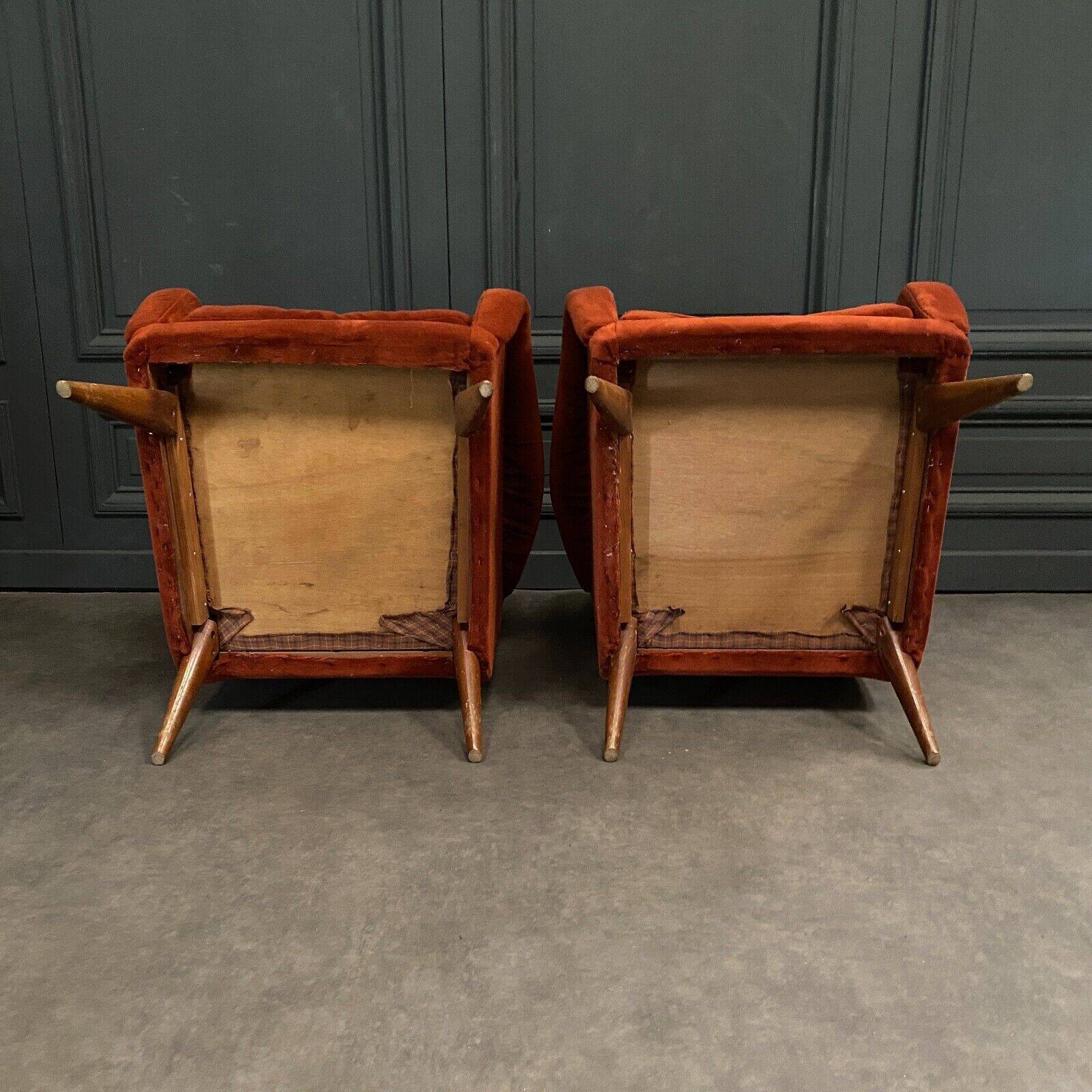 Pair of Scandinavian work armchairs from the 60s in velvet and compass legs