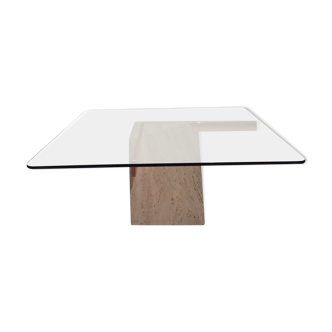 Artedi Italy coffee table in travertine, brass and glass 1970s