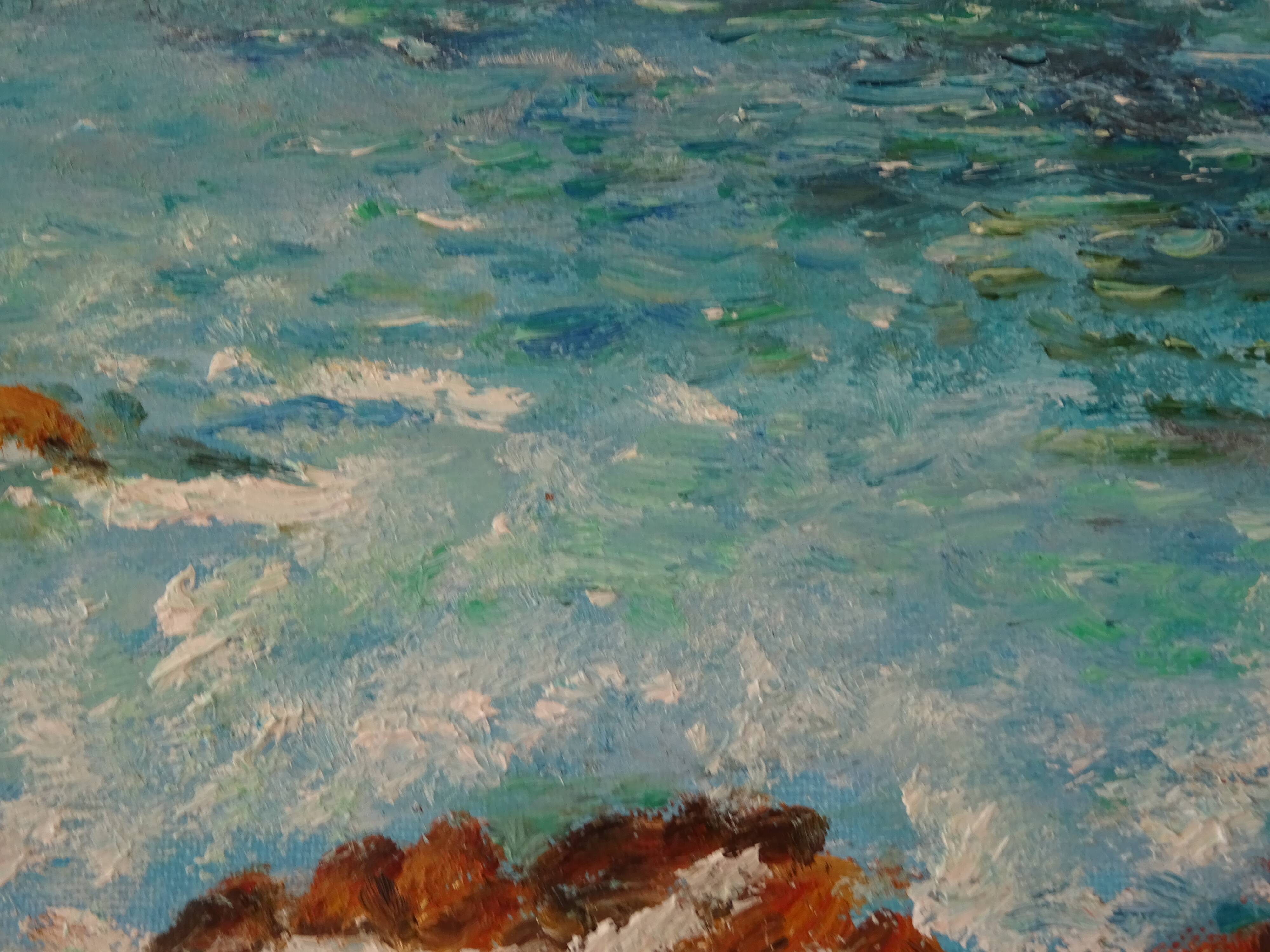 Seaside fisherman painting oil on canvas signed