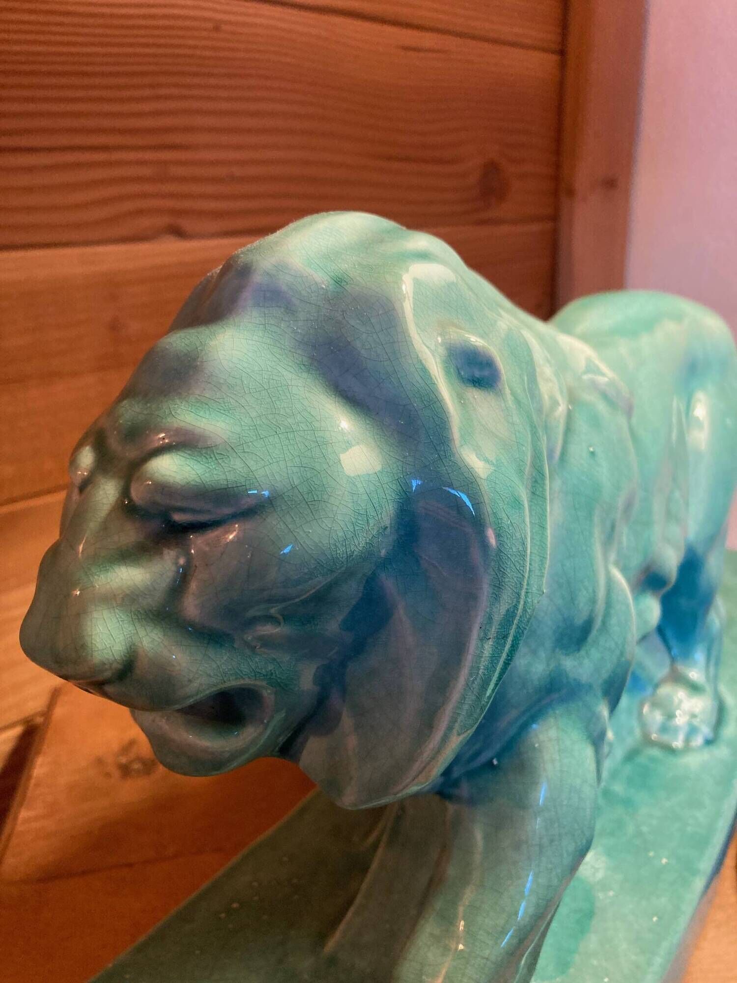 Large Art Deco lion sculpture, in crackled enamel, Peugeot, 1934, Le Jan