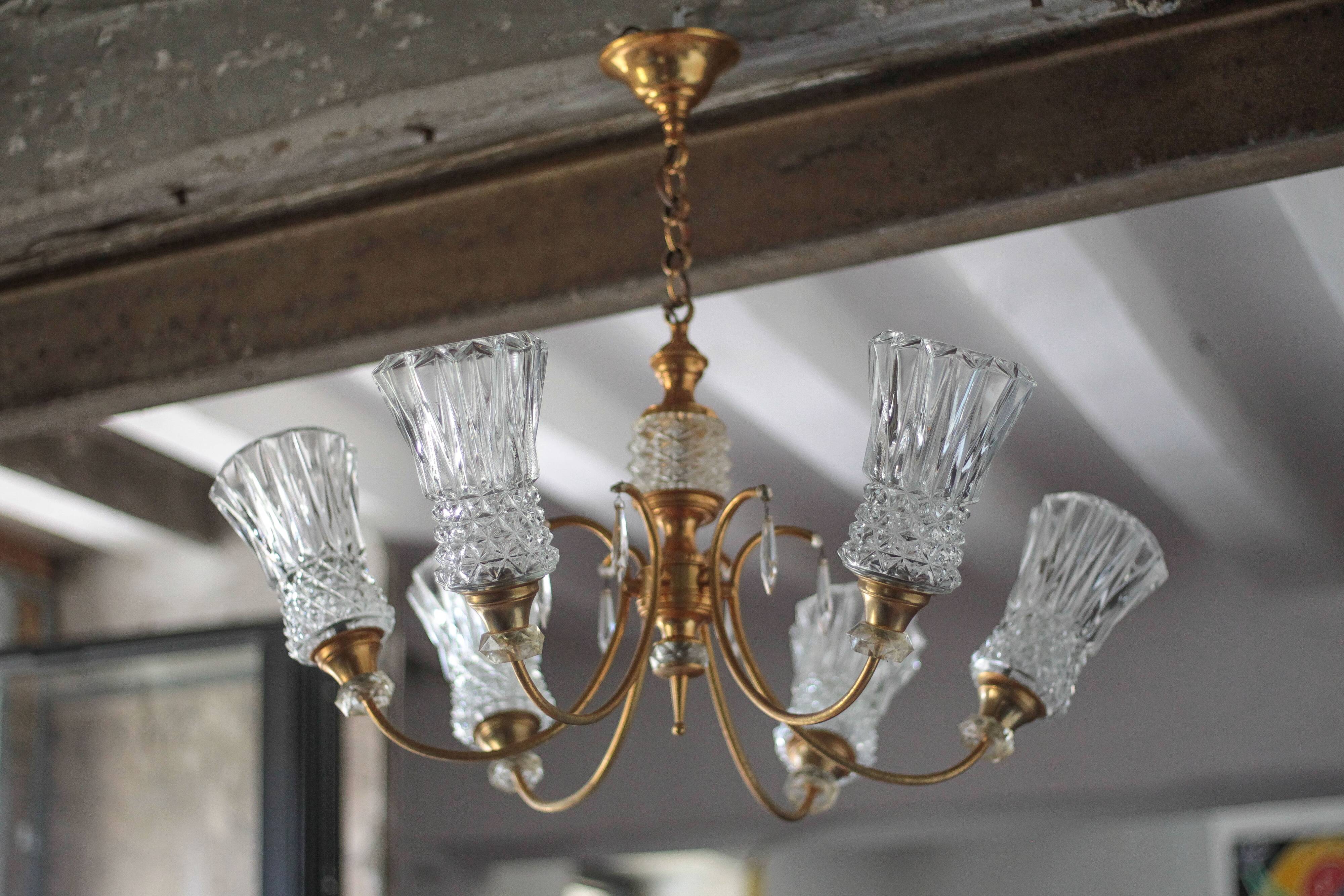 Vintage pendant light, brass pendant light with glass globe, 6-light chandelier