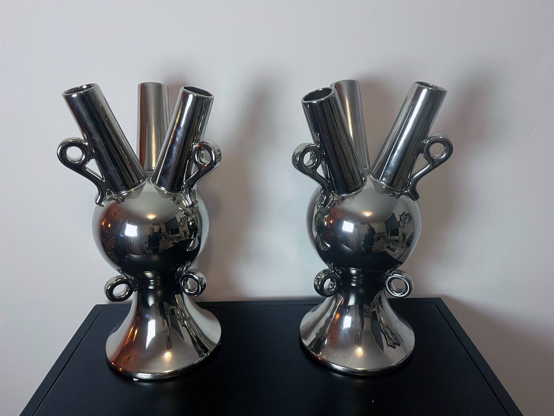 2 Large Vintage Vases • Chrome Ceramic • XXL • 1990