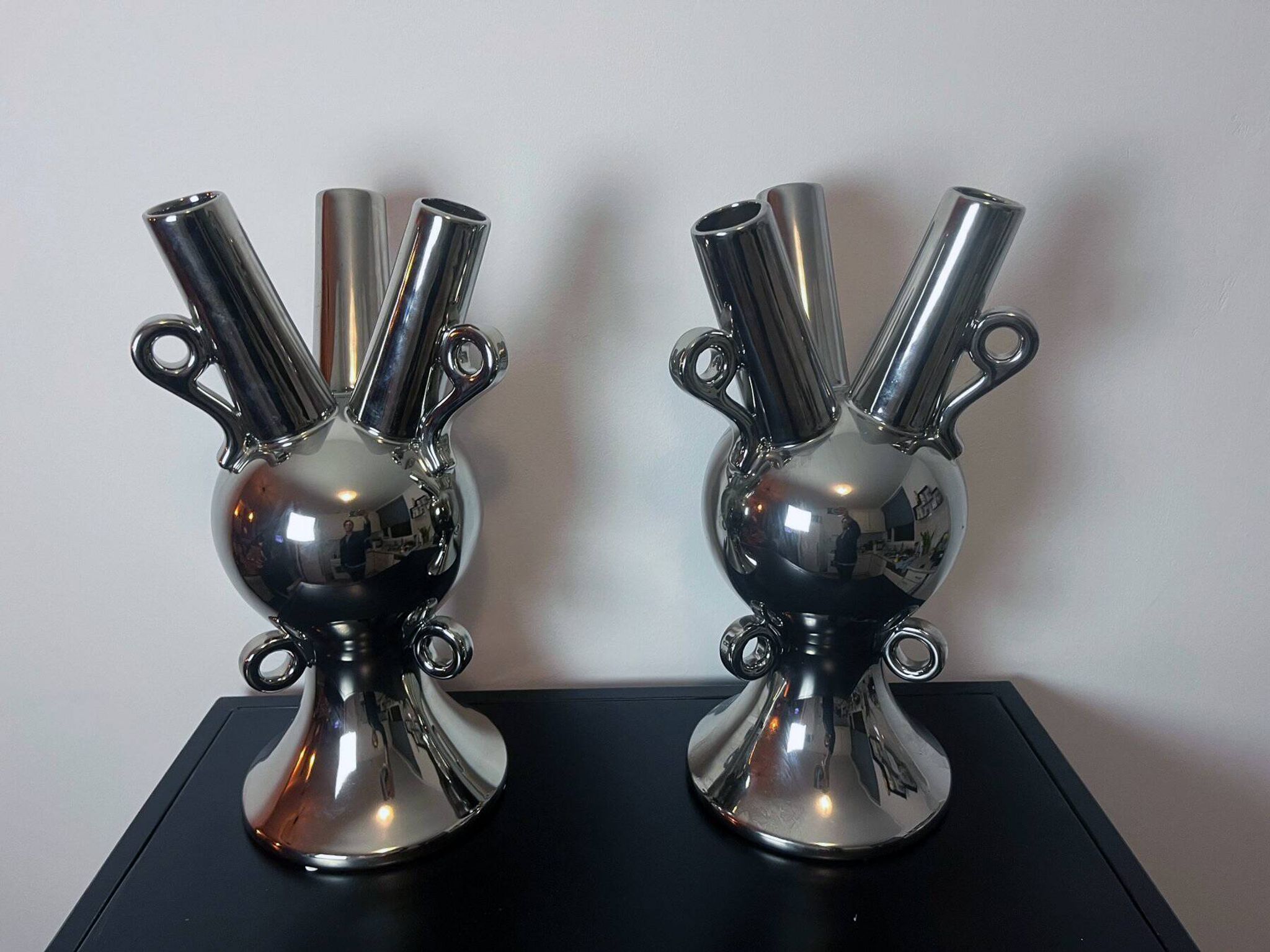 2 Grands Vases Vintage • Céramique Chromée • XXL • 1990
