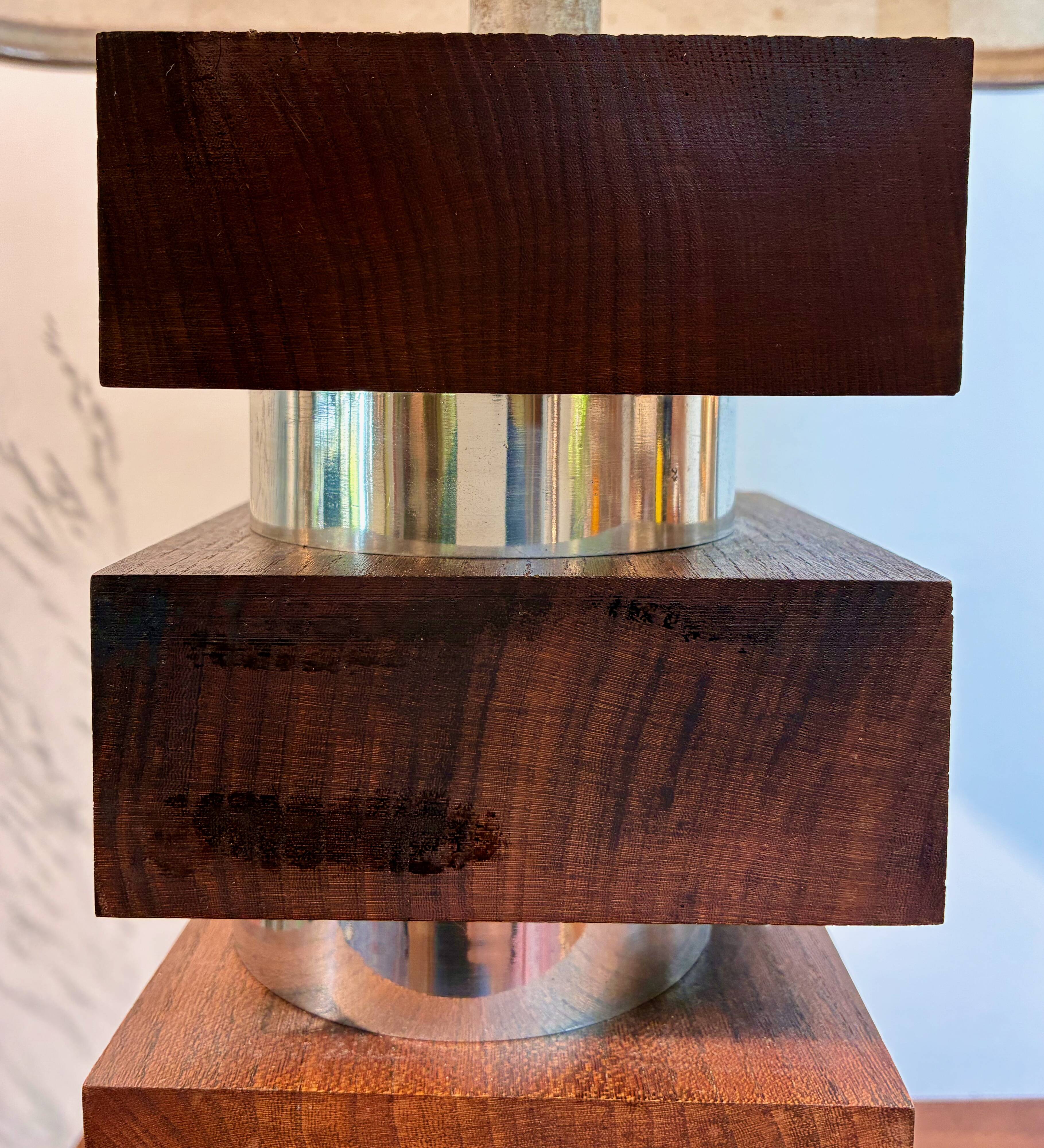 Large vintage architectural table lamp – Stacked Wood & Metal Base