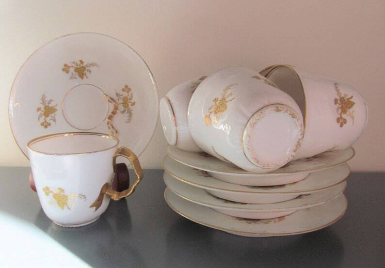5 X Antique Limoges Porcelain Coffee Cups pairs Gold Ribbon Handle, 1890s