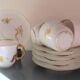5 X Antique Limoges Porcelain Coffee Cups pairs Gold Ribbon Handle, 1890s