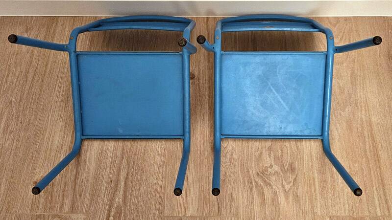 Pair of vintage blue metal school chairs – 1960s