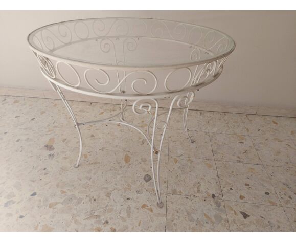 Vintage garden table, iron and glass top