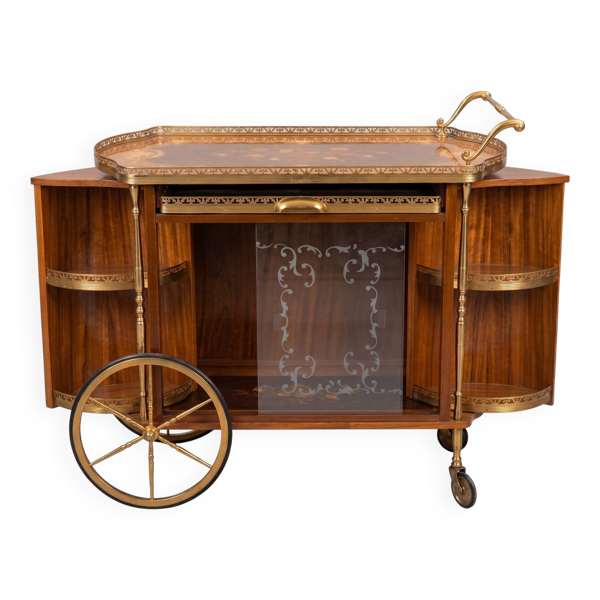 Desserte, chariot de bar vintage en marqueterie, laiton et verre