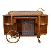 Vintage bar cart in marquetry, brass and glass.