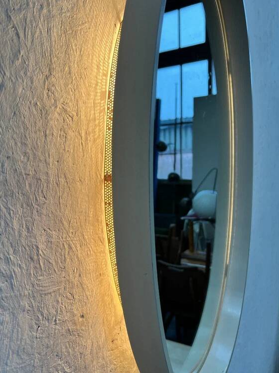 Vintage Oval Mirror with Lighting in Wooden Frame, Hillebrand Germany 1970s