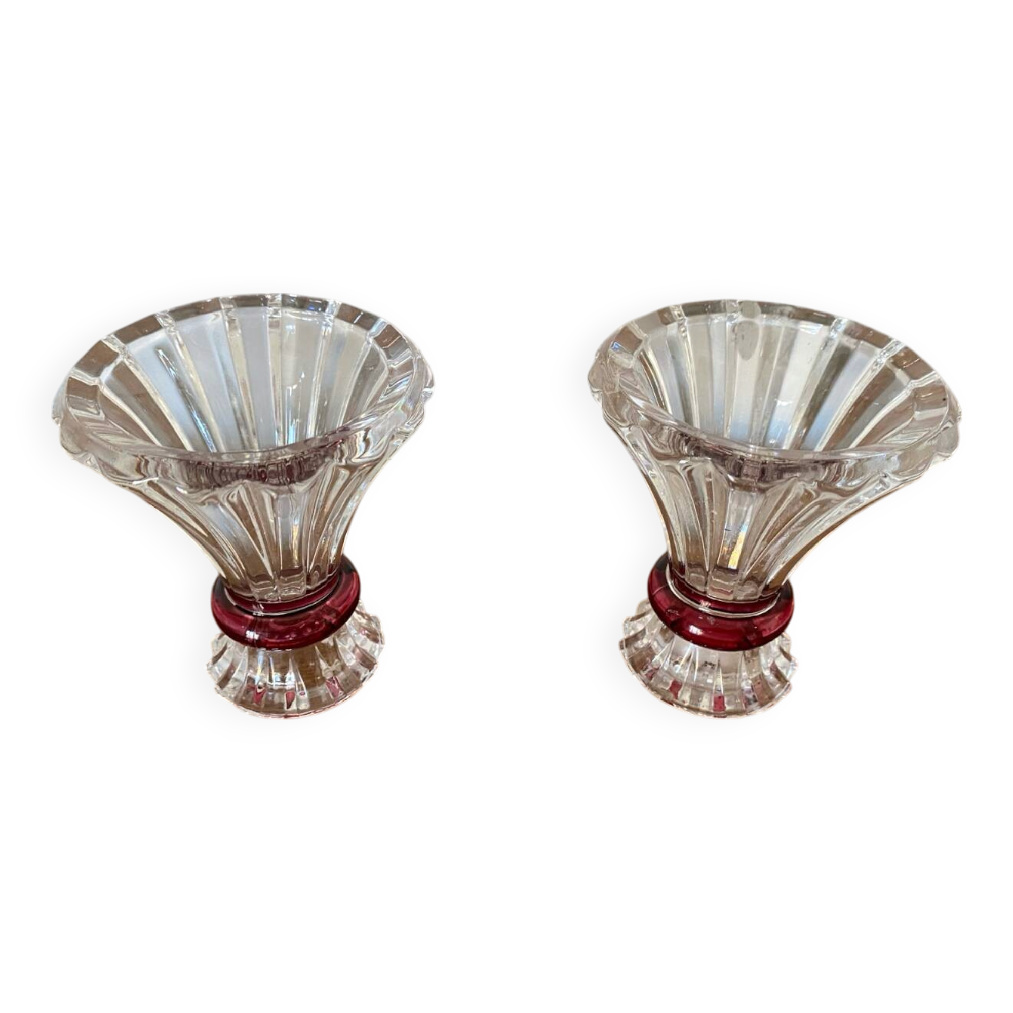 Pair Antique Clear + Red Carved Vase Vintage Decoration