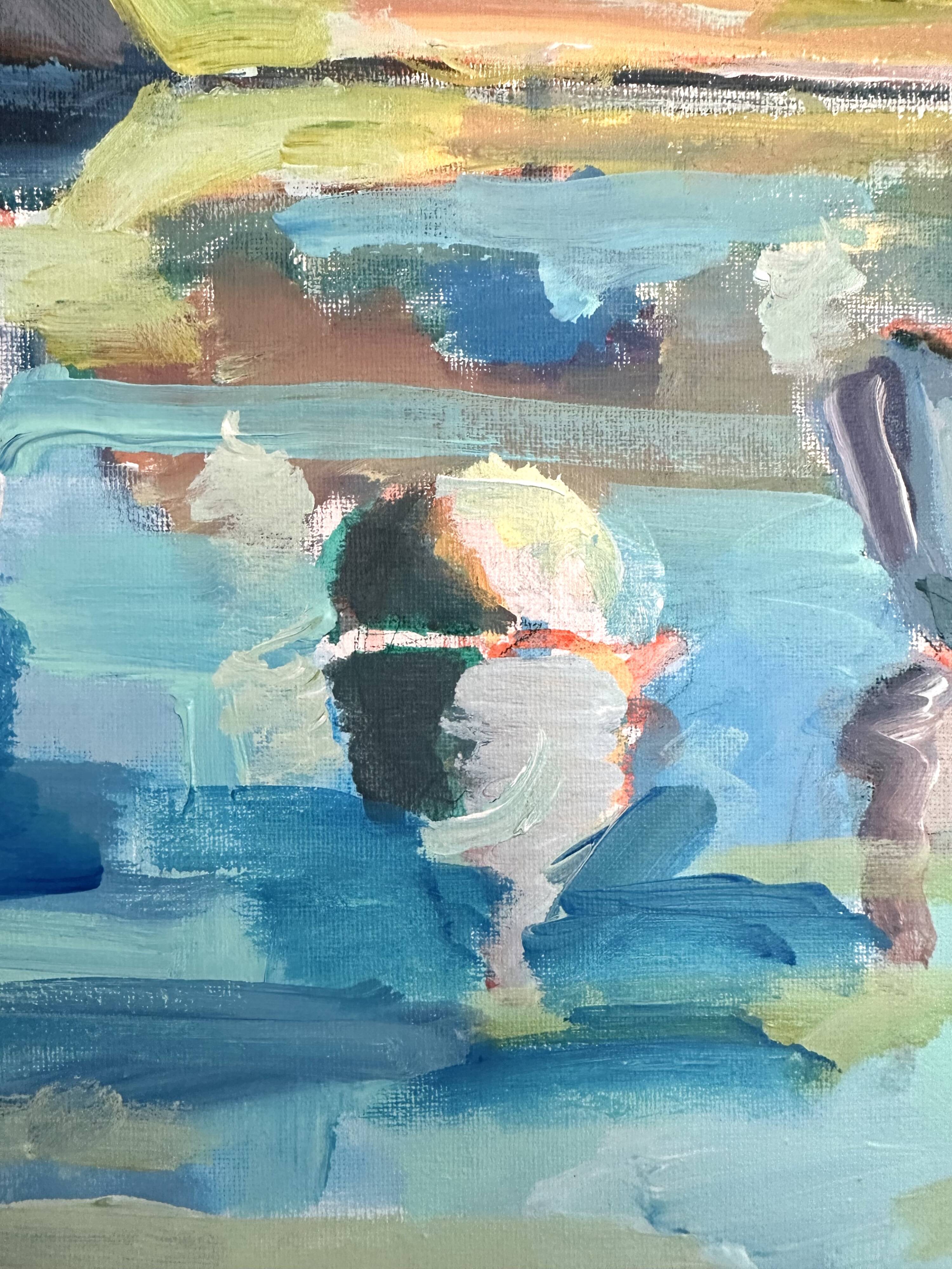 Oil on canvas signed, fishing port with colourful boats.