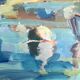 Oil on canvas signed, fishing port with colourful boats.