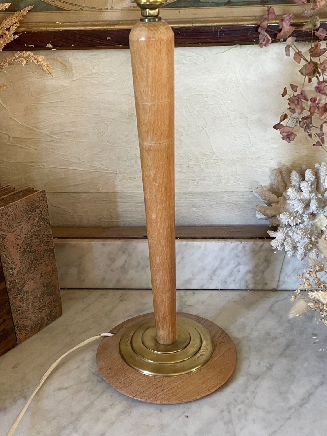 Pied de lampe hêtre et laiton style Mazda