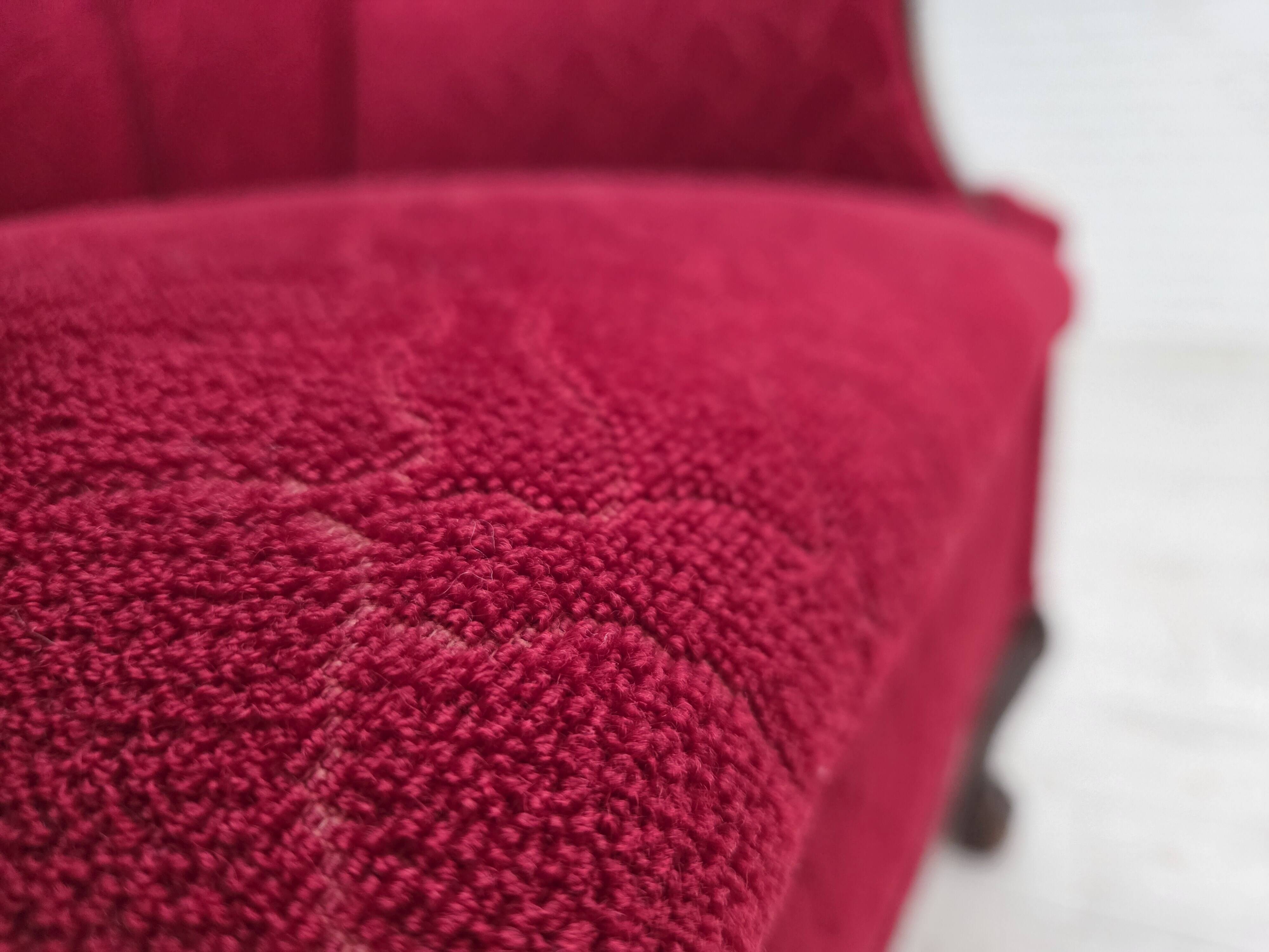 1950s, Danish armchair, red and light grey furniture wool, carved oak wood.