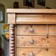 Support furniture, 6-drawer chest in turned pitch pine.