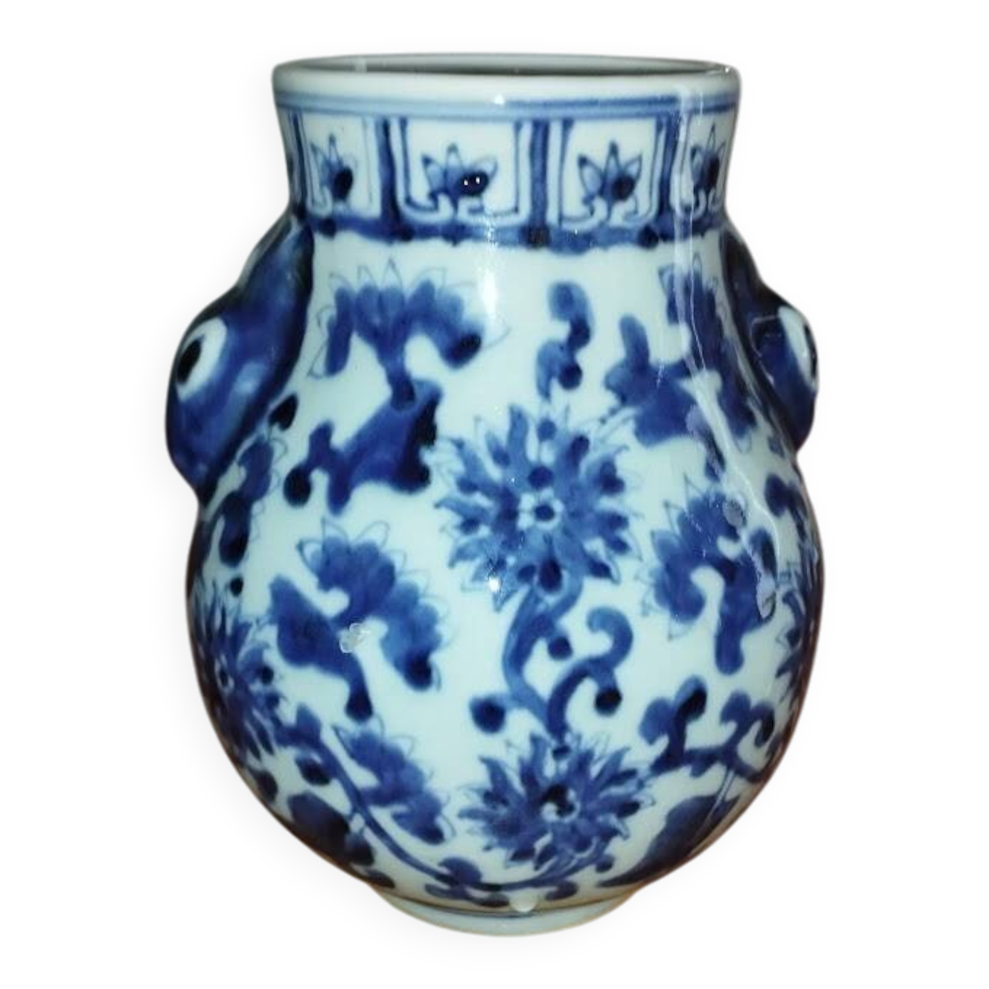 Rare vase in blue and white porcelain – handles sculpted as rabbit heads.