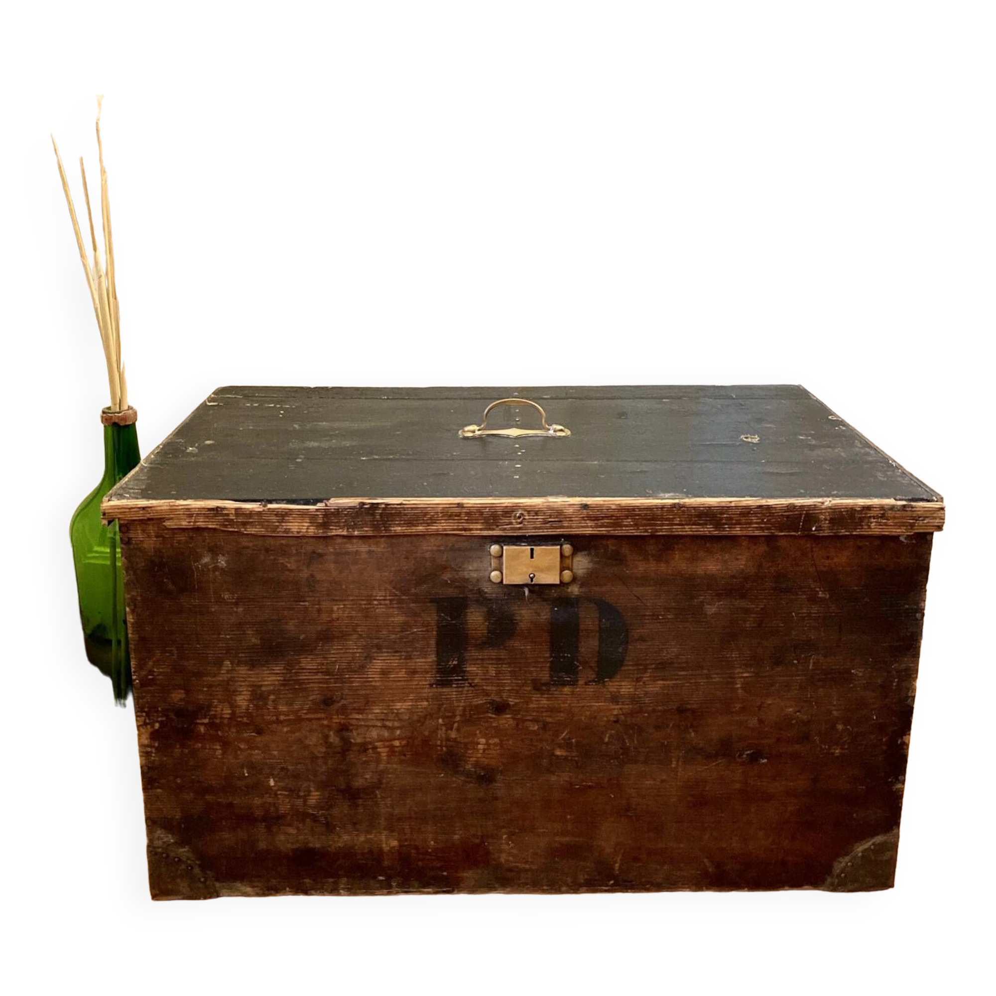 Old wooden trunk chest, vintage flat top