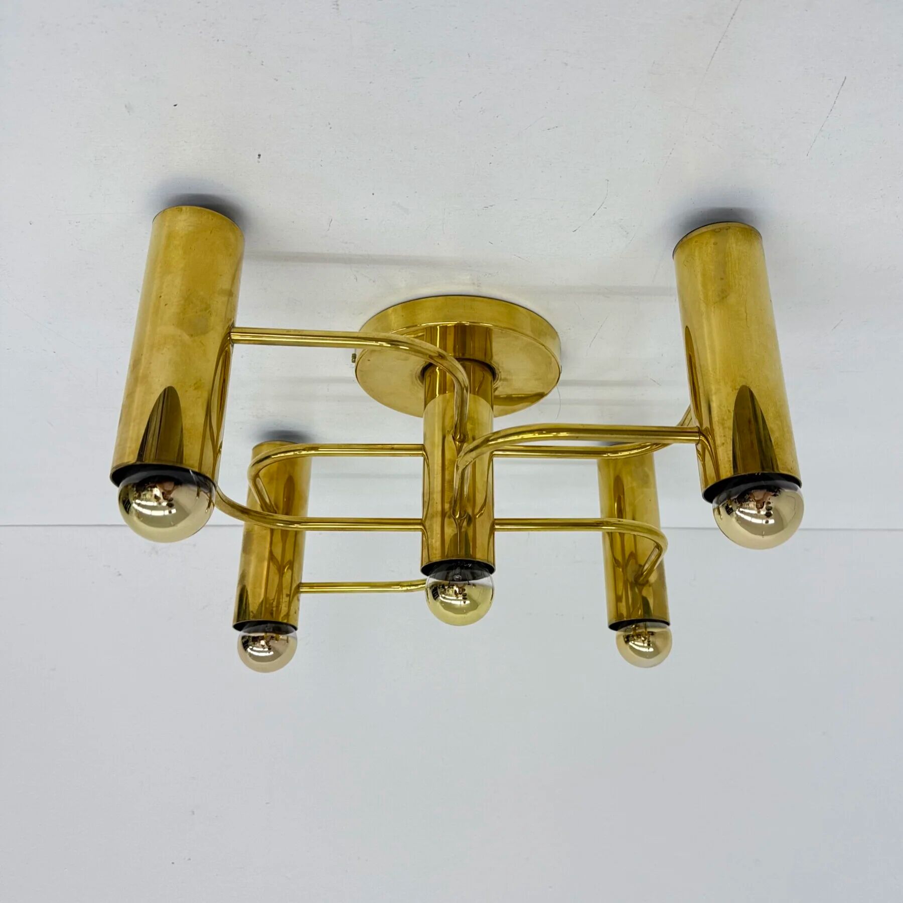 Vintage mid-century modern brass ceiling lamp Leola flushmount by Sciolari, Germany, 1970s
