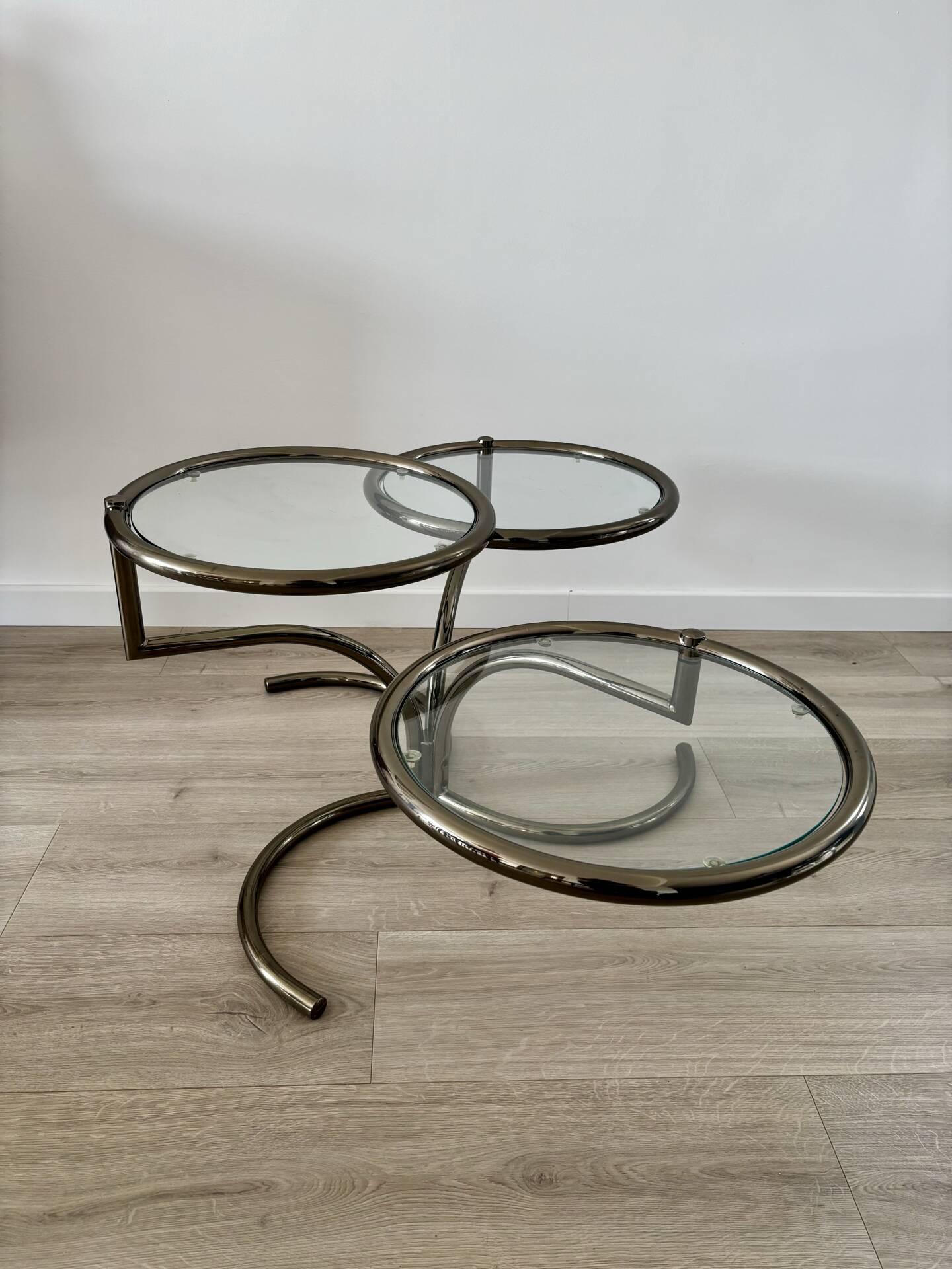 Table basse Morex attribuée à Milo Baughman années 70 3 plateaux