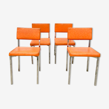 Serie de 4 chaises rétro en simili cuir orange MCA K6 - structure en tube chromé