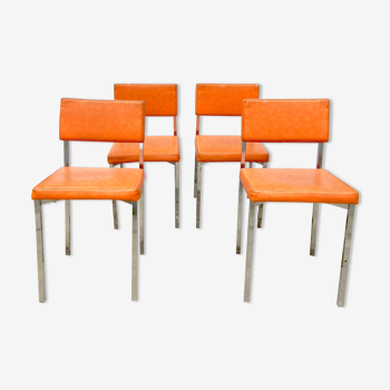 Series of 4 retro chairs in imitation orange leather MCA K6 - chrome tube structure