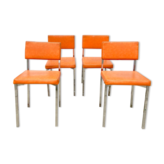 Series of 4 retro chairs in imitation orange leather MCA K6 - chrome tube structure