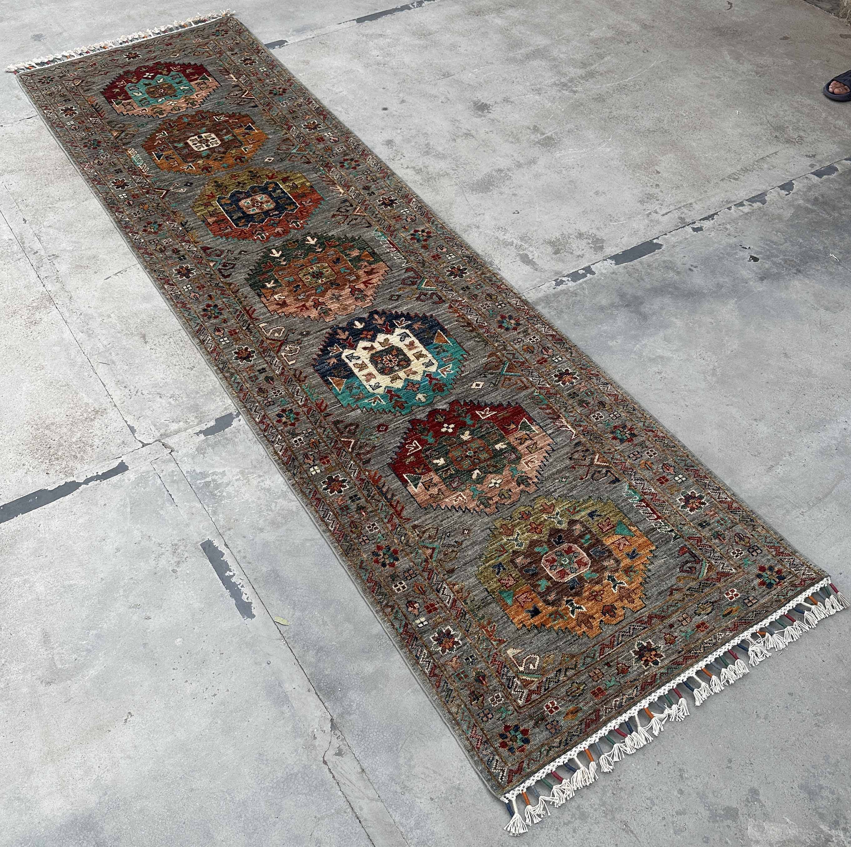 Vintage Caucasian Kazak Wool Runner Rug With Geometric Medallions – 84x300