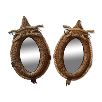 Pair of mirrors in the shape of a horse collar in hemp rope around 1950/60