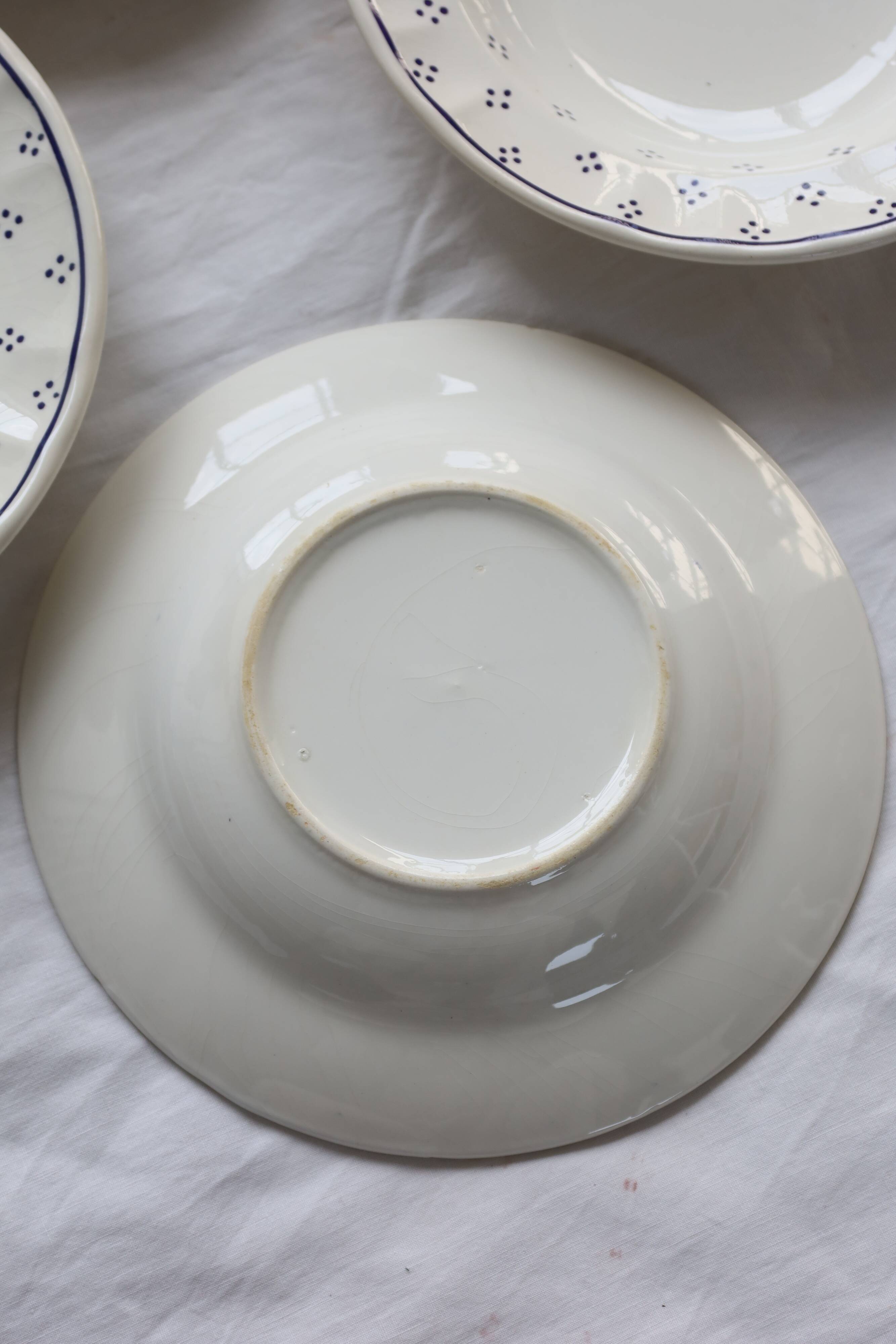 4 vintage white porcelain soup plates - Blue polka dot pattern