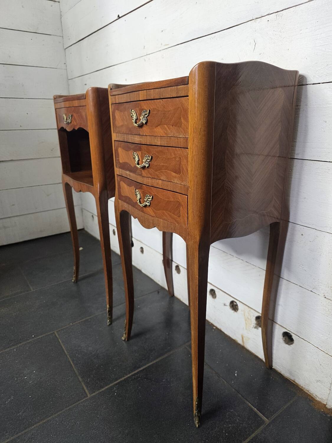 Pair of Louis XV style bedside tables in marquetry