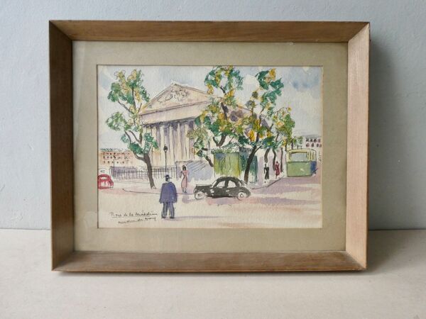 Tableau aquarelle de la place de la Madeleine à Paris, années 50