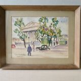 Watercolor painting of the Place de la Madeleine in Paris, 50s