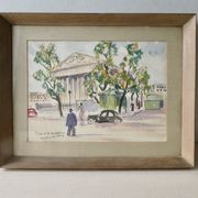 Watercolour painting of the Place de la Madeleine in Paris, 1950s.