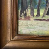 Gouache drawing representing a clearing on the edge of a forest or a wooded park