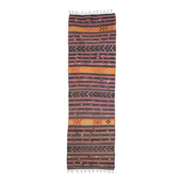 Purple Vintage Turkish Handmade Wool Kilim Runner Rug 109x398