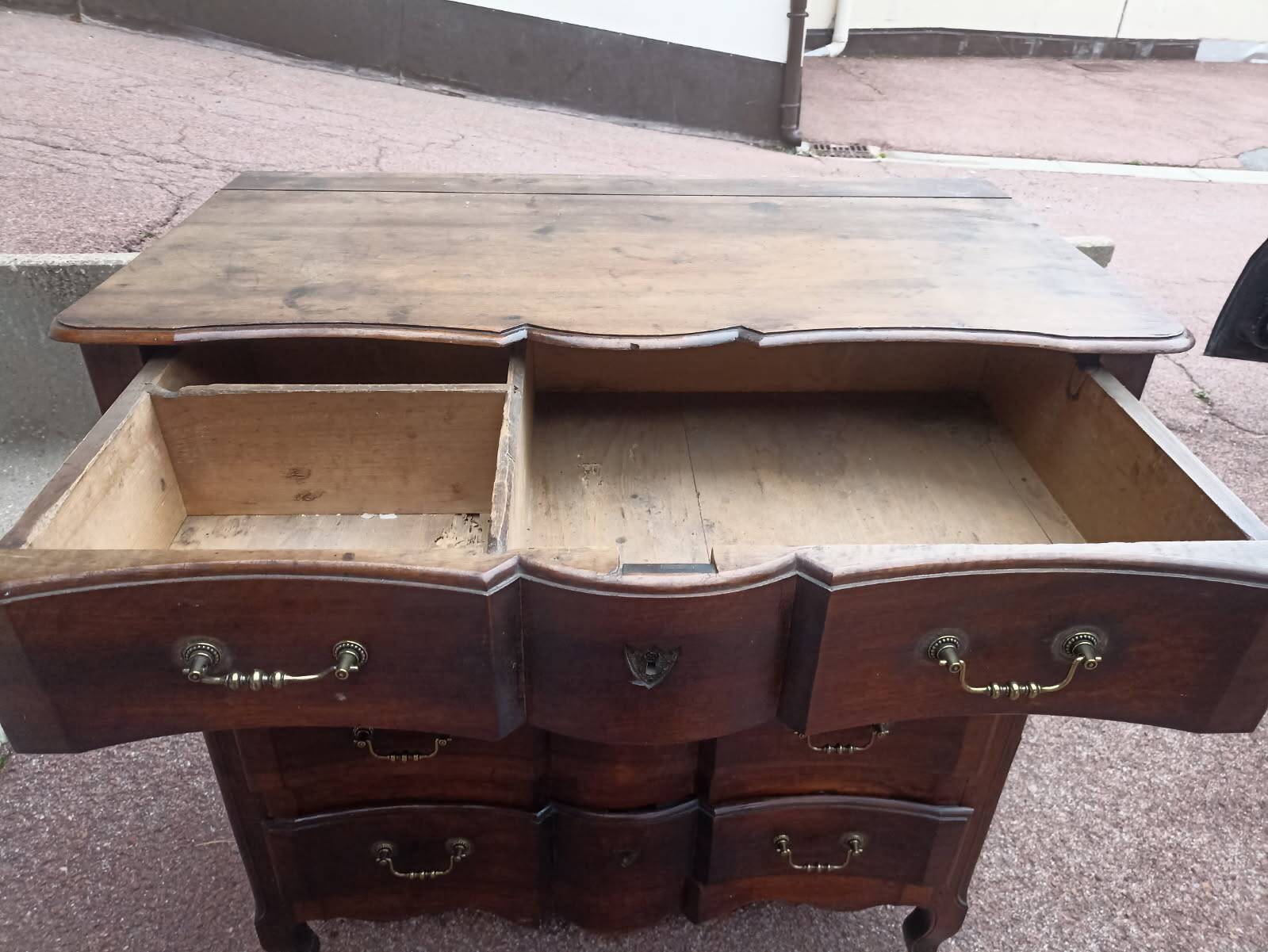 18th century crossbow chest of drawers, stamped