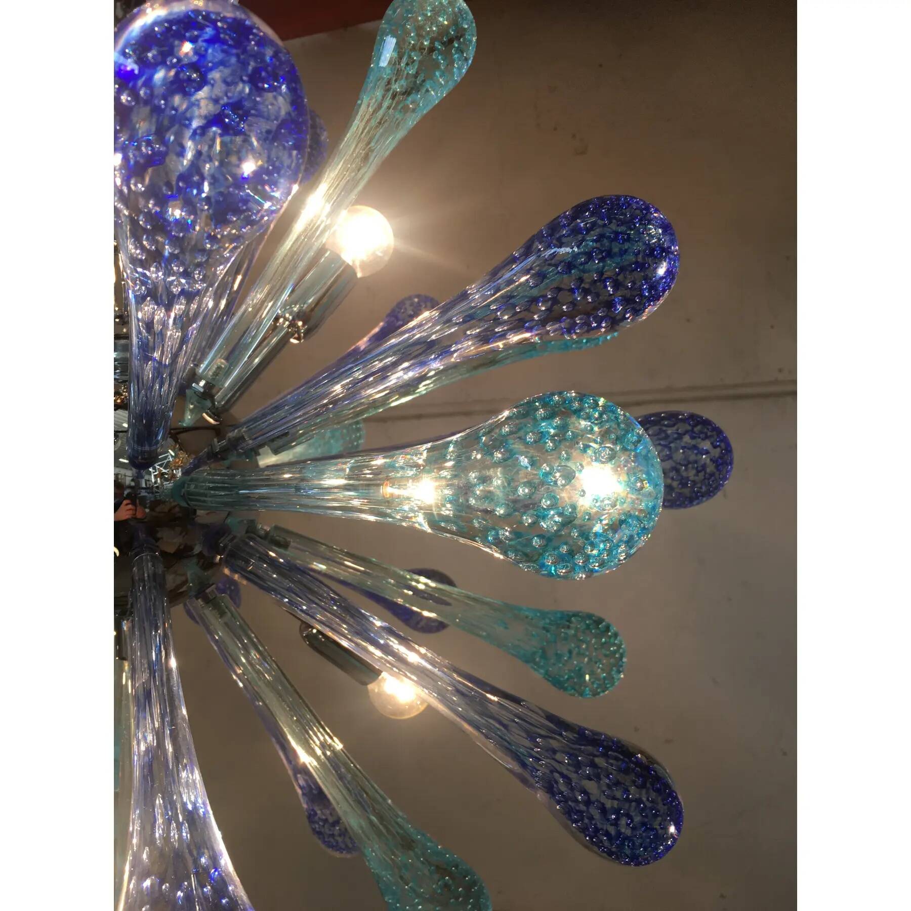 Murano Glass Sputnik Chandelier, Blue Air Drops, with Chromed Metal Frame