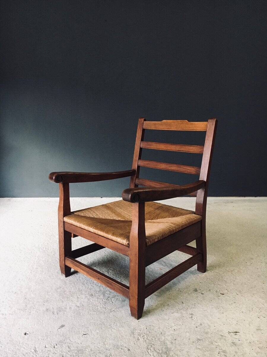 Rustic Oak & Rush Armchair, France, 1930s